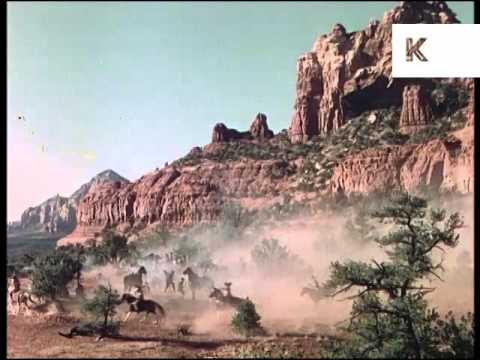 1960s Western, Native American Indians on Horseback Ambush Cowboys, Colour Footage
